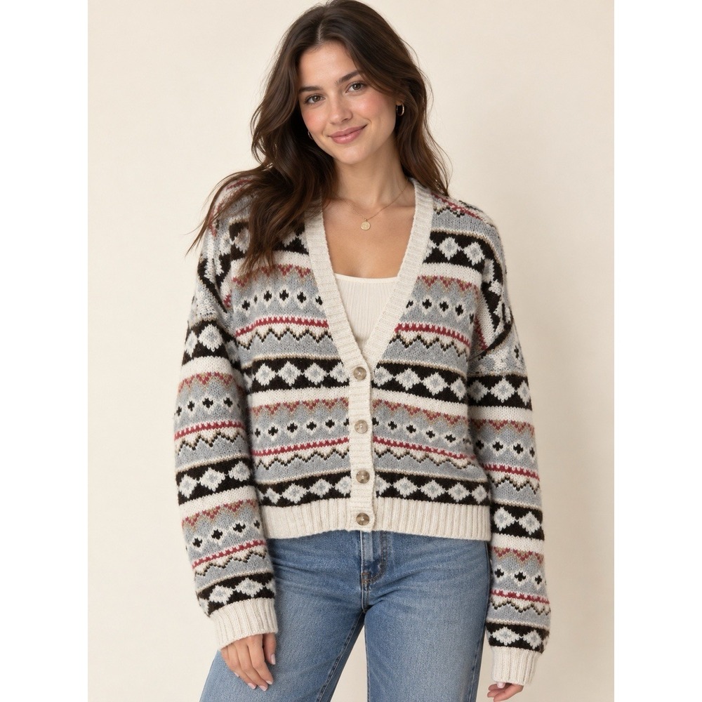 American Eagle Women's Cream Fair Isle Knit V-Neck Button-Front Cardigan XL